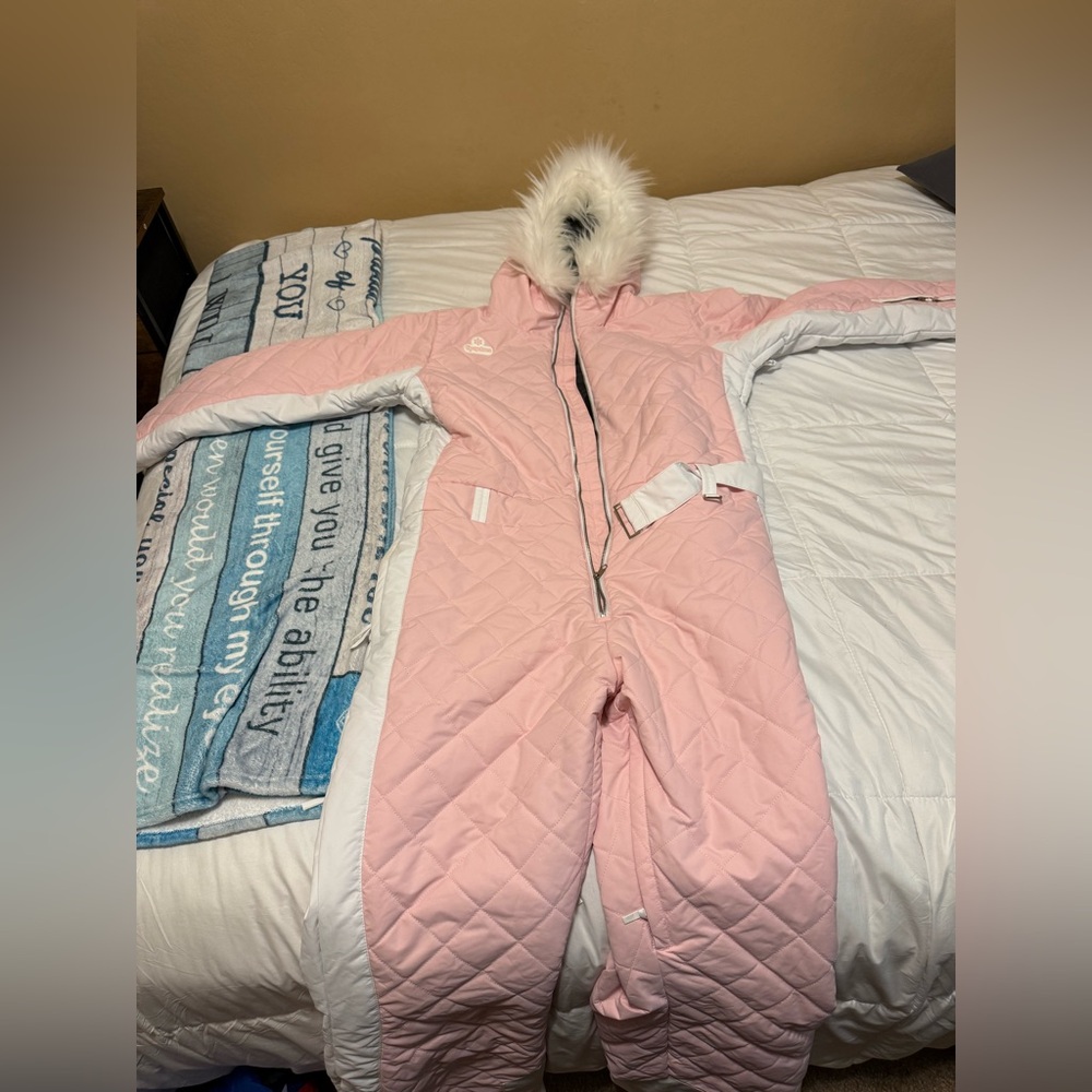 Tipsy Elves Pink and White Quilted Ski One-Piece with Faux Fur Hood